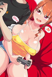  1boy bare_shoulders breasts brown_hair cleavage commentary_request controller female game_controller gamepad heart highres kurorettsu large_breasts long_hair original pink_eyes playing_games shiny_skin short_shorts shorts smile thighs translation_request 