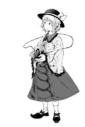  adapted_costume commentary_request female final_fantasy final_fantasy_tactics greyscale hat komeiji_koishi long_sleeves monochrome no_nose parody pointy_footwear savan shoes short_hair skirt socks solo style_parody third_eye touhou wide_sleeves yoshida_akihiko_(style) 