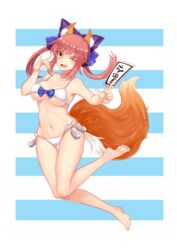  \m/ animal_ears bikini breasts cleavage collarbone commentary_request fate/extra fate/extra_ccc fate_(series) female fox_ears fox_tail groin hair_ribbon highres ki_(jikexiuga) large_breasts looking_at_viewer navel oerba_yun_fang official_alternate_costume one_eye_closed open_mouth pink_hair ribbon solo swimsuit tail tamamo_(fate) tamamo_no_mae_(fate/extra) tamamo_no_mae_(sexy_bikini)_(fate) underboob yellow_eyes 