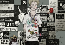  1boy american_idiot animal apple bad_id bad_pixiv_id barbell_piercing bird blonde_hair blue_eyes bracelet cherry commentary_request dog_tags ear_piercing earrings english_text eyebrow_piercing fingerless_gloves flag_print food freddie_mercury fruit gloves green_day jewelry lip_piercing looking_to_the_side makkamu male_focus medal multiple_earrings nail_polish necklace no_eyebrows original penguin piercing pink_floyd pink_floyd_the_wall poster_(object) print_ornament shirt signature solo studded_bracelet t-shirt union_jack 