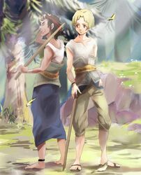  2boys aged_up anklet barefoot belt blonde_hair brown_hair colin_(zelda) commentary_request forest haikibustu headband jewelry multiple_boys nature sandals short_hair smile sword talo the_legend_of_zelda the_legend_of_zelda:_twilight_princess weapon wooden_sword wristband 