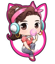  artist_name bracelet breasts brown_eyes brown_hair chewing_gum cleavage cruiser_d.va d.va_(overwatch) denim female front-tie_top gold hair_ribbon jeans jewelry looking_at_viewer midriff minigirl overwatch pants plaid plaid_shirt pmolita ponytail ribbon shirt shoes solo 