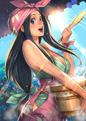  absurdres artist_request black_eyes black_hair breasts cleavage day female gimp_(medium) green_ribbons green_shirt hakama hakama_skirt highres holding japanese_clothes large_breasts lipstick long_hair looking_at_viewer low-tied_long_hair makeup open_mouth outdoors pink_hakama red_lips ribbon shirt skirt solo standing toukiden very_long_hair 