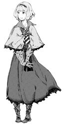  adapted_costume alice_margatroid ascot boots capelet commentary_request dress female final_fantasy final_fantasy_tactics gloves greyscale hairband monochrome no_nose parody savan short_hair style_parody touhou yoshida_akihiko_(style) 