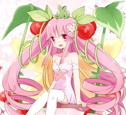  alraune_(p&amp;d) alternate_color bad_id bad_pixiv_id bare_shoulders cherry collarbone dress drill_hair female flower food fruit hair_flower hair_ornament leaf long_hair monster_girl open_mouth pink_eyes pink_hair pink_theme plant_girl puzzle_&amp;_dragons sitting smile solo strapless strapless_dress swing thighhighs very_long_hair white_thighhighs yui_(kanatamoo) 