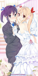  2girls 3: :d blush cursive dress elbow_gloves flower formal frills gloves hair_ribbon heart heart-shaped_pupils holding_hands interlocked_fingers koba multiple_girls necktie nicomi.com open_mouth pant_suit pants ribbon smile suit symbol-shaped_pupils tiara twintails veil watermark web_address wedding_dress white_gloves wife_and_wife yuri 