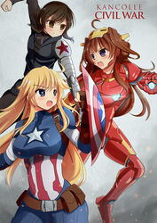  3girls ahoge black_hair blonde_hair blue_eyes breasts brown_eyes brown_hair captain_america captain_america:_civil_war captain_america_(cosplay) captain_america_(series) commentary_request cosplay crossover fubuki_(kancolle) highres iowa_(kancolle) iron_man iron_man_(cosplay) kantai_collection kongou_(kancolle) large_breasts long_hair marvel marvel_cinematic_universe multiple_girls photoshop_(medium) purple_eyes setia_pradipta shield star-shaped_pupils star_(symbol) symbol-shaped_pupils winter_soldier winter_soldier_(cosplay) 