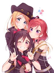  3girls ;d asymmetrical_clothes ayase_eli bibi_(love_live!) black_dress black_gloves black_hair black_hat blonde_hair blue_eyes blush bracelet collarbone commentary_request diamond_princess_no_yuuutsu dress elbow_gloves gloves grin hair_ribbon hat hatagaya head_tilt highres hug hug_from_behind jewelry long_hair looking_at_viewer love_live! love_live!_school_idol_project multiple_girls necktie nico_nico_nii nishikino_maki one_eye_closed open_mouth parted_lips purple_eyes red_eyes red_hair red_necktie red_ribbon ribbon side_ponytail signature simple_background smile striped striped_ribbon upper_body white_background yazawa_nico 