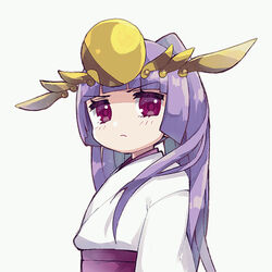  &gt;:( blunt_bangs blush closed_mouth commentary_request female grey_background headgear japanese_clothes kimono light_frown long_hair looking_at_viewer looking_to_the_side obi pikomarie purple_eyes purple_hair puzzle_&amp;_dragons sash simple_background solo v-shaped_eyebrows very_long_hair white_kimono yomi_(p&amp;d) 