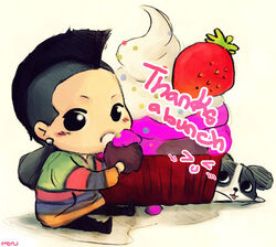  1boy bigbang black_hair canine chibi food male_focus mohawk sitting solo taeyang 