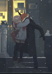  1boy bag black_scarf blush boots bow charm_(object) commentary_request face-to-face female fingerless_gloves flower fox gloves hairbow hat highres hug lan_se_fangying long_hair original photoshop_(medium) pink_hair red_eyes red_scarf scarf shop signature skirt smile snow snowman stairs star_(symbol) storefront sweater thighhighs window_blinds 