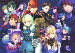  6+boys 6+girls amuro_ray annotated audrey_burne banagher_links blonde_hair blue_eyes blue_hair brown_eyes brown_hair four_murasame gigi_andalusia green_eyes green_hair gundam gundam_hathaway&#039;s_flash gundam_narrative gundam_unicorn gundam_zz haman_karn haro hathaway_noa highres jacket jona_basta judau_ashta kamille_bidan long_hair michelle_luio mikimoto_haruhiko military military_uniform mineva_lao_zabi mobile_suit_gundam multiple_boys multiple_girls official_art pilot_suit purple_hair rita_bernal sayla_mass science_fiction short_hair uniform zeta_gundam 