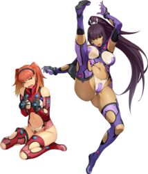  2girls amanomiya_ayame arm_up bertha_bernstein blush breasts dark-skinned_female dark_skin earrings flat_chest full_body gradient_hair hairband high_kick jewelry kicking large_breasts long_hair looking_at_viewer multicolored_hair multiple_girls navel non-web_source oerba_yun_fang official_art open_mouth orange_hair purple_eyes purple_hair purple_legwear red_hair red_legwear sitting super_robot_wars super_robot_wars_x-omega thighhighs transparent_background twintails very_long_hair wariza watanabe_wataru_(character_designer) 