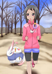  bike_shorts bird black_hair choi_mochimazzui commentary_request dark_skin dera_mochimazzui female jacket outdoors purple_eyes pxton running short_hair tamako_market track_jacket whistle 