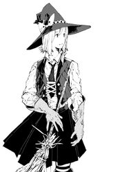  alternate_costume bow broom commentary_request female final_fantasy final_fantasy_tactics gloves greyscale hairbow hat kirisame_marisa monochrome necktie no_nose pantyhose parody savan short_hair skirt socks striped_clothes striped_pantyhose style_parody touhou vest witch_hat yoshida_akihiko_(style) 