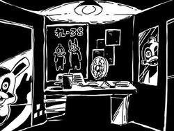  2boys artist_self-insert bkub ceiling_light cup dark doorway drinking_straw duckman eyeball fakkuma_(character) five_nights_at_freddy&#039;s five_nights_at_freddy&#039;s_1 greyscale hallway hand_fan horror_(theme) looking_at_viewer looking_outside monochrome multiple_boys paper parody peeping poster_(object) shadow table teeth window 