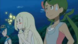  1boy 3girls animated animated black_hair blonde_hair blue_hair blush eating green_hair lillie_(pokemon) mao_(pokemon) morelull multiple_girls pokemon pokemon_(anime) pokemon_sm pokemon_sm_(anime) satoshi_(pokemon) sparkling suiren_(pokemon) 