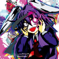  animal_ears bad_id bad_pixiv_id blazer crazy_eyes female hands_on_own_face jacket long_hair necktie oshino_hazure purple_hair rabbit_ears red_eyes reisen_udongein_inaba solo touhou 