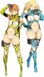  2girls ;p arm_behind_back blonde_hair blue_eyes blue_thighhighs blush_stickers bodysuit breasts brown_eyes brown_hair dojikko_pose drill_hair elbow_gloves elmel_erkin finger_to_mouth flat_chest floria_frank full_body gloves hand_on_own_hip highres large_breasts long_hair looking_at_viewer multiple_girls navel non-web_source official_art one_eye_closed parted_bangs short_hair standing super_robot_wars super_robot_wars_x-omega tehepero thighhighs tongue tongue_out transparent_background watanabe_wataru_(character_designer) yellow_legwear 