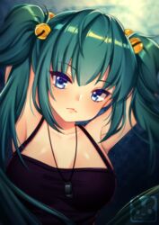  :&lt; absurdres aqua_hair armpits arms_up artist_name bell blue_eyes blurry blurry_background blush breasts cleavage closed_mouth commentary_request commission cui_yifei expressionless female hair_bell hair_ornament highres jewelry jingle_bell lips long_hair looking_at_viewer medium_breasts murmoruno muv-luv necklace pendant sleeveless solo tsurime twintails 