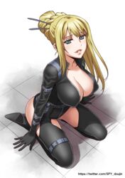  bad_id bad_pixiv_id blonde_hair blue_eyes bodysuit breasts cleavage covered_nipples female large_breasts lips long_hair nancy_lee ninja_slayer no_bra parted_lips seiza sitting solo yorozu 