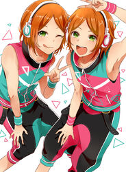  2boys 2wink_(ensemble_stars!) :d ;) aoi_hinata aoi_yuta armband commentary_request ensemble_stars! green_eyes hand_on_own_knee headphones licking_lips male_focus masaki_(celesta) multiple_boys one_eye_closed open_mouth orange_hair puffy_pants short_hair siblings sleeveless smile tongue tongue_out triangle twins v 