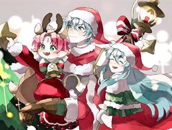  +_+ 1boy 2girls antlers aqua_eyes aqua_hair bad_id bad_twitter_id bell bow brother_and_sister brown_gloves candle cape carrying christmas_tree closed_eyes closed_mouth commentary_request dress eirika_(fire_emblem) eirika_(winter)_(fire_emblem) ephraim_(fire_emblem) ephraim_(winter)_(fire_emblem) fae_(fire_emblem) fae_(winter)_(fire_emblem) fire_emblem fire_emblem:_the_binding_blade fire_emblem:_the_sacred_stones fire_emblem_heroes fur_trim gloves green_eyes hat horns long_hair long_sleeves multiple_girls nonomori_(anst_nono) open_mouth pointy_ears pom_pom_(clothes) purple_hair red_hat reindeer_antlers santa_costume santa_hat short_hair siblings star_(symbol) 