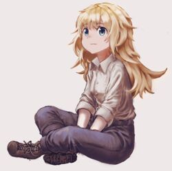  bad_id bad_pixiv_id between_legs blonde_hair blue_eyes blue_pants boots breasts brown_footwear buttons collared_shirt cross-laced_footwear dress_shirt female full_body hand_between_legs highres indian_style lace-up_boots long_hair messy_hair nob1109 original pants shirt sitting sleeves_past_elbows small_breasts solo white_shirt 