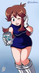  blue_background blue_dress boots breasts brown_hair can commentary commission dress drink_can english_commentary female gloves green_(pokemon) highres ian_dimas knee_boots leaning_forward long_hair one_eye_closed pokemon pokemon_adventures reaching reaching_towards_viewer short_dress sidelocks small_breasts soda_can solo turtleneck turtleneck_dress twitter_username white_gloves 