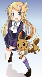  ace_trainer_(pokemon) astrid_(pokemon) bad_id bad_pixiv_id blonde_hair blue_eyes blue_legwear blush dress eevee female hair_ornament hairclip highres kneehighs long_hair open_mouth pokemon pokemon_(creature) pokemon_xy ribbon shoes skirt skirt_hold skirt_tug socks tantan_men_(dragon) 