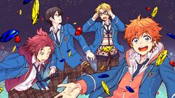  4boys akehoshi_subaru black_hair blazer blonde_hair blue_eyes blue_necktie commentary_request ensemble_stars! from_above gem glasses green_eyes hidaka_hokuto isara_mao jacket komatsu_matsuko male_focus multiple_boys necktie pants pink_hair plaid plaid_pants red_hair school_uniform short_hair smile trickstar_(ensemble_stars!) yumenosaki_school_uniform yuuki_makoto_(ensemble_stars!) 