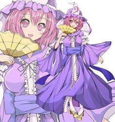  absurdres bad_id bad_pixiv_id breasts female folding_fan geta hand_fan hat highres japanese_clothes large_breasts long_sleeves pink_eyes pink_hair saigyouji_yuyuko sash short_hair smile solo touhou triangular_headpiece velia white_legwear wide_sleeves zoom_layer 