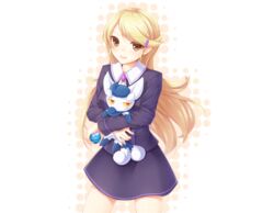  ace_trainer blonde_hair brown_eyes dabadhi long_hair meowstic pokemon skirt white 