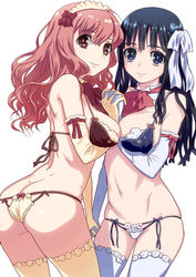  2girls ass black_eyes black_hair blue_bra bra breasts brown_bra brown_eyes butt_crack commentary_request detached_collar elbow_gloves gloves hair_ribbon headdress hirose_(mokiki) interlocked_fingers long_hair looking_at_viewer medium_breasts multiple_girls navel original panties partial_commentary pink_hair ribbon simple_background smile string_panties thighhighs underwear underwear_only white_background white_gloves white_legwear white_panties yellow_gloves yellow_legwear yellow_panties 