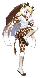  animal_ears animal_print blonde_hair blush boots brown_hair commentary_request female giraffe_ears giraffe_horns giraffe_print giraffe_tail highres horns japari_symbol kemono_friends long_sleeves moriko_(moliko) multicolored_clothes multicolored_hair multicolored_legwear panties panties_under_pantyhose pantyhose photoshop_(medium) pleated_skirt print_pantyhose print_scarf print_skirt reticulated_giraffe_(kemono_friends) scarf short_sleeves skirt solo standing standing_on_one_leg tail underwear 