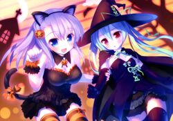  2girls absurdres aete_mushisuru_kimi_to_no_mirai animal_ears arm_grab bat_(animal) black_dress black_legwear blouse blue_eyes blue_hair blush bow_legwear cape cat_ears cat_tail detached_collar dress elbow_gloves fake_animal_ears food frilled_dress frills fruit gloves hair_ornament halloween hat highres jack-o&#039;-lantern jack-o&#039;-lantern_hair_ornament leaning_forward long_hair looking_at_viewer manabe_kei miniskirt multiple_girls off_shoulder open_mouth orange_(fruit) orange_legwear paw_pose ponytail purple_hair red_eyes sawatari_nanagi shirt skirt smile standing striped_clothes striped_thighhighs tail takoyaki_(roast) thighhighs twintails witch_hat wristband zettai_ryouiki 