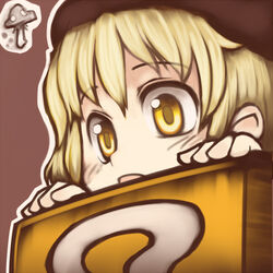  ?_block blonde_hair blush female hat kakkou_(su) mushroom peeking_out solo yellow_eyes 