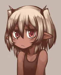  blush dark-skinned_female dark_elf dark_skin elf female flat_chest grey_background kakkou_(su) looking_at_viewer one-piece_swimsuit pointy_ears short_twintails simple_background solo swimsuit twintails white_hair 