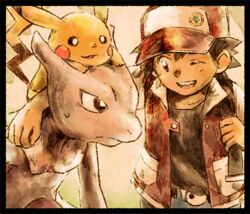  black_hair hat matsuri_(matsuike) mewtwo pikachu pokemon pokemon_(game) pokemon_rgby red_(pokemon) red_(pokemon)_(classic) 