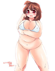  banned_artist bikini breasts brown_hair cleavage eno_konoe large_breasts mikomu navel open_mouth original pink_eyes plump short_hair simple_background solo swimsuit white_background white_bikini 