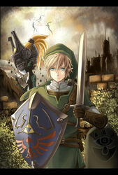  1boy blonde_hair blue_eyes castle commentary_request female fiction_(forged) gloves hat helmet highres holding holding_sword holding_weapon hylian_shield left-handed link long_hair midna orange_hair pointy_ears shield sword the_legend_of_zelda the_legend_of_zelda:_twilight_princess triforce weapon 