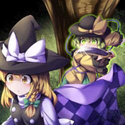  2girls assassination aura blonde_hair blouse bow braid commentary_request dagger fun_bo glint glowing green_eyes green_hair hat hat_bow kirisame_marisa knife komeiji_koishi long_hair mary-san multiple_girls nimble_fabric parody reverse_grip shirt short_hair side_braid single_braid skirt touhou tree turtleneck unaware vest weapon witch_hat yellow_eyes yu-gi-oh! 