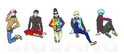  5boys aqua_hair bigbang black_hair blonde_hair boots copyright_name daesung g-dragon hair_over_one_eye hat jumping male_focus mohawk multiple_boys red_pants seungri_(bigbang) side_shave sitting smile sunglasses t.o.p_(bigbang) taeyang 