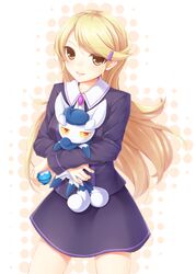  2girls ace_trainer_(pokemon) astrid_(pokemon) bad_id bad_pixiv_id blonde_hair brown_eyes cowboy_shot dabadhi dive_ball feline hair_ornament hairclip highres holding holding_poke_ball holding_pokemon long_hair looking_at_viewer meowstic meowstic_(female) multiple_girls poke_ball pokemon pokemon_(creature) pokemon_xy skirt skirt_set smile 