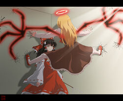  2girls aged_up blonde_hair brown_hair cicada_block_(meme) commentary_request detached_sleeves energy_wings ex-rumia gohei hair_tubes hakurei_reimu halo highres letterboxed long_hair meme multiple_girls osana_reimu outstretched_arms photoshop_(medium) red_halo reireimu rumia spread_arms spread_legs sweatdrop touhou wings woofey yellow_eyes 