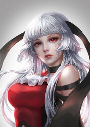  bare_shoulders blunt_bangs breasts brooch commentary_request eyelashes female hime_cut jewelry kyousougiga lady_koto lips long_hair medium_breasts photoshop_(medium) realistic red_eyes wff_87_(xuan_qing) white_hair 