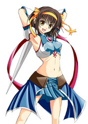  alternate_costume armpits arms_behind_head breasts brown_eyes brown_hair commentary_request covered_nipples crop_top detached_sleeves female gloves hairband large_breasts midriff navel oerba_yun_fang raion666 ribbon short_hair showgirl_skirt skirt smile solo superheroine_haruhi suzumiya_haruhi suzumiya_haruhi_no_tomadoi suzumiya_haruhi_no_yuuutsu sword weapon white_background 