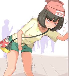  arm_up bag beanie beige_shirt between_legs black_hair blush breasts collarbone embarrassed female female floral_print green_shorts grey_eyes half-closed_eyes hand_between_legs hat have_to_pee jpeg_artifacts leaning_forward mizuki_(pokemon_sm) muroi_(fujisan0410) open_mouth poke_ball_theme pokemon pokemon_(game) pokemon_sm red_hat shirt short_hair short_shorts short_sleeves shorts silhouette small_breasts solo_focus standing sweat tied_shirt translation_request trembling white_background 