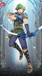  1boy armor belt blue_eyes boots bow_(weapon) cape commentary_request dagger fake_screenshot fire_emblem fire_emblem:_mystery_of_the_emblem fire_emblem_heroes gloves green_hair highres kizi_sizui23 knife male_focus open_mouth solo teeth tomas_(fire_emblem) weapon 