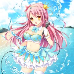  beach blush breasts commentary_request crown day detached_collar female gloves kidatsu!_dungeons_lord large_breasts long_hair microphone midriff mini_crown navel official_art outdoors pink_hair riko_(kujira215) smile solo thighhighs water yellow_eyes 